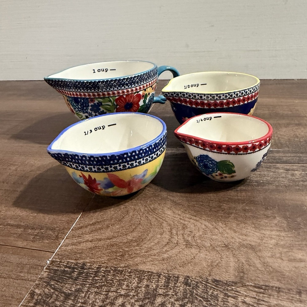 Pioneer Woman Measuring Cup Set Nesting Floral Dazzling Dahlias Stoneware 4 Pcs